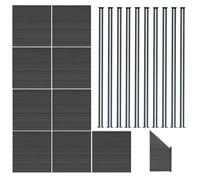 Composite Fence Panels x 9 Angled Piece & 11 Metal Posts 6ft Double Sided Board Wood Grain Slatted Fencing Grey Plastic Outdoor Garden Privacy Barrier 1.85m H x 16.57m W Solar Powered LED Lighting