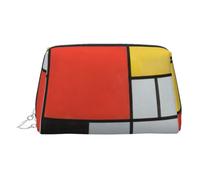 Composition in Red Yellow Blue and Black Print Leather Cosmetic Pouch, Leather Makeup Bag for Purse with Top Zip Closure Stylish Toiletry Bag