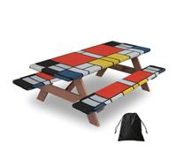 Composition In Red Yellow Blue And Black Print Waterproof Picnic Table Cover With Bench Cover Set Of 3 Elastic Edge Durable Outdoor Tablecloth