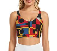 Composition in Red Yellow Blue and Black Print Workout Gym Activewear Bra, Wireless Wide Strap V Back Padded Low Support Sports Bra