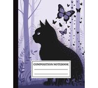 Composition Notebook College Ruled: Black Cat with Purple Butterflies Illustration | Vintage Aesthetic Journal for School, College, Office