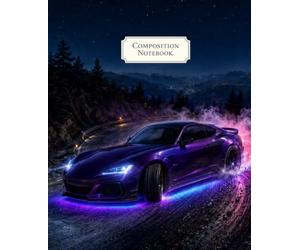 Composition Notebook: Wide Ruled Purple Drift Car Notebook for Kids, Teens, Students and Adults with a Neon Night Racing Cover for Notes, Homework, Journaling, Writing and Back to School Supplies