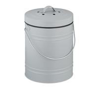 Relaxdays Kitchen Compost Bin, 5 litres, Iron, Odour Filter, with Lid & Handle, Organic Food Waste Caddy, Round, Grey