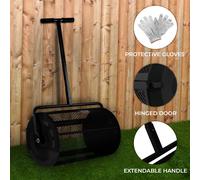 Compost Spreader Roller 26" Peat Moss Topsoil Seeding Fertiliser Manure Garden Lawn Extendable T Shaped Handle 80L 2.8 cu ft Capacity Black Steel Mesh Basket Latched Cage Lightweight FREE Gloves