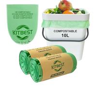 Compostable Food Waste Bags 10L, KITBEST Biodegradable Bin Liners with EN13432 Home Certification Home Compost Kitchen Caddy Trash Waste Garbage Bags