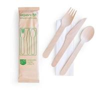 Compostable Wooden Cutlery kit, Knife, Fork, Spoon with Napkin (50 Sets)