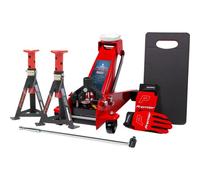 Comprehensive Hydraulic Trolley Jack Kit With Breaker Bar, Stands, Gloves, And Kneeling Mat