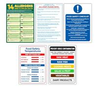 Comprehensive Safety Signs and Stickers Pack: Food Allergens Notice, Safety Checklist, Guidance to Food Act 2006, Temperature Guidelines, and Cross Contamination Notice