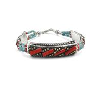 Compressed Turquoise & Coral Gemstone Beaded Bracelet for Women & Men Oxidized Silver Plated Ethnic Tribal Gypsy Boho Handmade Bracelet Jewellery by Artisan