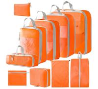 Compression Packing Cubes for Suitcases & Backpacks - 10 Piece Visible Mesh Set with Shoe & Laundry Bags - Space Saving Travel Organiser for Clothes, Toiletries & Camping Essentials (Orange)