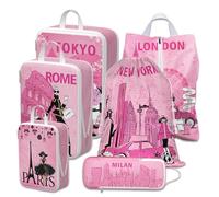 Compression Packing Cubes for Travel, 6 Set Pink Fashion Luxury Girly Luggage Organizers, Lightweight Waterproof Expandable/Compression Bags Smell Proof Travel Packing Cubes for Suitcases