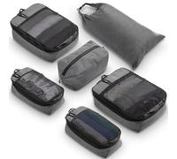 Compression Packing Cubes for Travel by TRIPPED - 6-Piece Premium Set with Laundry & Shoe Bag, Space Saving Travel Organizer Bags for Suitcase & Carry-On Luggage (Grey Mesh)