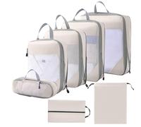 Compression Packing Cubes,RUIOMII 7pcs Travel Accessories Travel Essentials,Durable Packing Bags Packing Organisers, Luggage Organiser Bags Clothes Shoes Cosmetics Storage Bags(Set of 7, Beige)