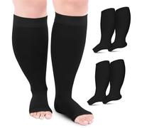 Compression Socks, Flight Socks for Women and Men. (2 Pairs) Plus Size, Wide Calf, Medical Compression Stockings. Knee High with Open Toe. Excellent Support, Helps with Varicose Veins. (Black, 3XL)