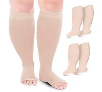 Compression Socks, Flight Socks for Women and Men. (2 Pairs) Plus Size, Wide Calf, Medical Compression Stockings. Knee High with Open Toe. Excellent Support, Helps with Varicose Veins. (Beige, 3XL)