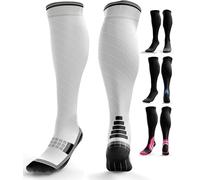Compression Socks for Women & Men (20-30 mmHg) Knee-High Flight Socks, Graduated Ankle and Calf Support for Travel, Running - Seamless Toe, Padded Heel and Sole (White Grey S-M)