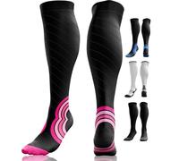 aZengear Compression Socks (20-30mmHg) Anti DVT Air Flying Knee-High Flight Travel Stockings, Swollen Legs, Varicose Veins, Running, Shin Splints Calf Pressure Support, Sports (Black w/Pink, S/M)