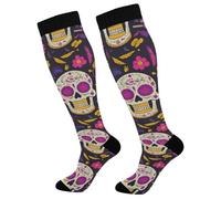 Compression Socks Sugar Skull Flowers Stocking Unisex Knee High Sock Non-Slip Graduated Stockings For Post-Surgery Varicose Veins Support Pregnancy 50Cm