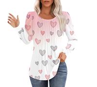 Compression Thermal Tops for Women Undershirt Valentines Tops Womens Love Heart Print Shirt Spring Long Sleeve Round Neck Pleated Blouses Cute Base Layer Tee for Workout Daily Life Xmas (White, XXL)