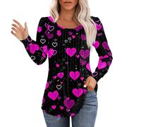 Compression Thermal Tops for Women Undershirt Valentines Tops Womens Love Heart Print Shirt Spring Long Sleeve Round Neck Pleated Blouses Cute Base Layer Tee for Workout Daily Life Xmas (Purple, XL)