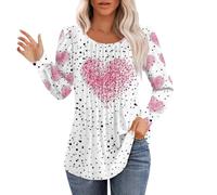 Compression Thermal Tops for Women Undershirt Valentines Tops Womens Love Heart Print Shirt Spring Long Sleeve Round Neck Pleated Blouses Cute Base Layer Tee for Workout Daily Life Xmas (Pink, XXL)