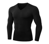 Compression Tops for Men Long Sleeve, Mens Running Top Quick Dry Gym Active Wear V Neck T Shirts Solid Color Compression Shirt for Sports Fitness Workout Cycling Training S-XXL Black