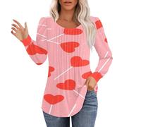 Compression Tops for Women Thermal Shirt Valentines Tops for Women Love Heart Print Shirt Spring Long Sleeve Round Neck Pleated Blouses Cute Base Layer Tee for Workout Daily Life (Watermelon Red, L)