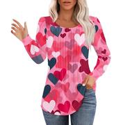 Compression Tops for Women Thermal Shirt Valentines Tops for Women Love Heart Print Shirt Spring Long Sleeve Round Neck Pleated Blouses Cute Base Layer Tee for Workout Daily Life Xmas (Hot Pink, XL)