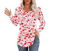 Compression Tops for Women Thermal Shirt Valentines Tops for Women Love Heart Print Shirt Spring Long Sleeve Round Neck Pleated Blouses Cute Base Layer Tee for Workout Daily Life Xmas (White, XXL)