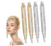 COMPUKAS 2 Pairs Tassel Linear Drop Earrings Clip-on Design Alloy Long Tassel Earrings Comfortable to Wear Elegant Modern Style Prom Wedding Banquet Jewelry