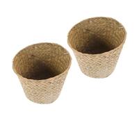 COMPUKAS 2Pcs Mini Woven Seagrass Waste Baskets, Small Round Straw Storage Bins for Bathroom, Bedroom, Desktop Organizing Sundries and Trash