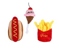COMPUKAS 3pcs Pet Plush Food Shape Sound for Dogs and Cats Interactive Squeaky Hot Dog Ice Cream Fries Set Chew for Teeth Cleaning and Play Bright Color Educational Plush Bundle