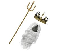 COMPUKAS Mythology-inspired Sea God Trident and Adjustable Gold Crown with Wig and Fake Beard, High-fidelity Cosplay Costume Prop for Adults, for Drama and Role Play Halloween Parties