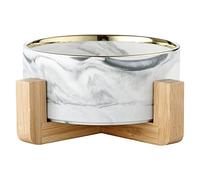 COMPUKAS Nordic Style Ceramic Cat Bowl with Marble Pattern and Wooden Stand, Comfortable and Protective Pet Feeding Bowl for Families, Suitable for Rice, Noodles, and Soup