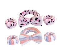 COMPUKAS Spa Headband and Face Washing Wristband Set 6pcs, Flannel Leopard Print and Blue-red Stripe, Absorbent Sweatband for Women and Girls Skincare, Makeup and Face Wash Accessories