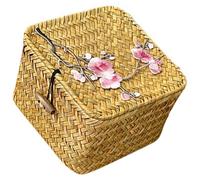 COMPUKAS Storage Basket with Lid Beige Woven Made of Lightweight Willow, Safe Material Sundries Basket for Living Room Decor and Makeup Organizer
