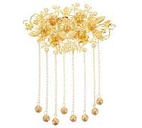 COMPUKAS Traditional Chinese Wedding Hairpin Floral Crystal Pearls and Long Tassel, Gold Handmade Hair Comb for Bridal Hair Accessories and Chinese Style Headwear