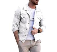 compulsoryking Men Stylish Classic Denim Jacket Shirt Long Sleeve Multi-Pocket Loose Fit Top Coat Leisure Solid Color Jacket, White, Medium