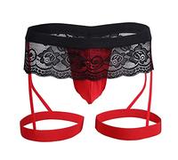 compulsoryking Mens Lace Three Point Underpants Sexy Sheer Underwear Boxer Brief Pouch Lingerie Garter Sissy Crossdress Panty, Red, XL