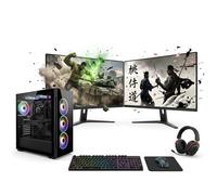 Computek Complete gaming setup with Intel Core i5, 16GB RAM, GT 730 2GB graphics, dual 22” monitors, RGB 6-fan case, SSD + HDD storage, WiFi, Windows 11, ready to play.