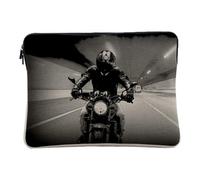 Computer and Tablet Case Linen Look - Biker on his Motorcycle in a Tunnel Black and White Speed Bécane Helmet - 14-15 Inches Protective Laptop Sleeve Printed in France