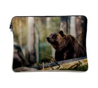 Computer and Tablet Case Linen Look - Brown Bear Grizzly on the Lookout in the Forest Wildlife - 14-15 Inches Protective Laptop Sleeve Printed in France