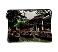 Computer and Tablet Case Linen Look Chinese Venice Channels Pekin 14-15 Inches Protective Laptop Sleeve Printed in France