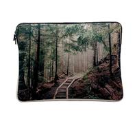 Computer and Tablet Case Linen Look Log Path in a Misty Pine Forest - 10 Inches Protective Laptop Sleeve Printed in France