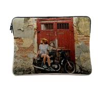 Computer and Tablet Case Linen Look Street Art Motarde Rousse et sa Moto Grafitti - 10 Inches Protective Laptop Sleeve Printed in France