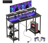 Computer Desk LED Lights Power Outlets Storage Shelves Workstation Grey
