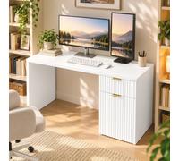 Computer Desk with Drawer, 120 cm Reversible Office Desk, Cabinet, Shelf, White