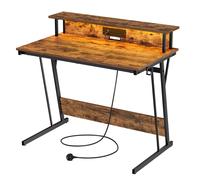 Computer Desk with LED Lights and Built-In Power Outlets, Rustic Brown / 60 x 100 x 76 cm