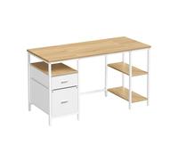 Computer Desk with Shelves and Drawers for Home Office and Living Room, Natural Oak + Pearl White / 140 x 60 cm