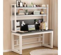 Computer Desk with Storage Shelves - Study Writing Executive Desk PC Gamer Workstation for Home Office Adjustable Shelves for Stationery & Headphones Modern Design Green Plants Decor